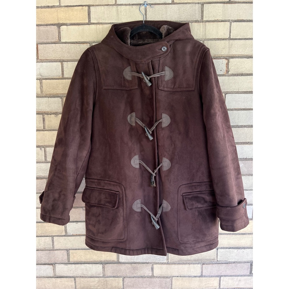 Chaps Brown Faux Suede Faux Fur Lined Hooded Toggle Duffle Coat Size Large